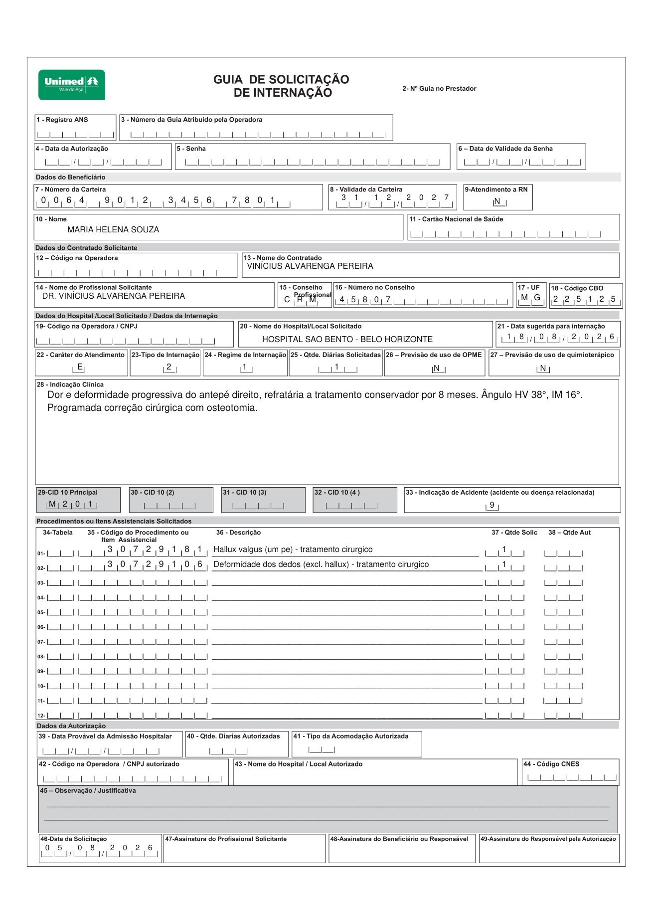 Guia nativa Unimed preenchida