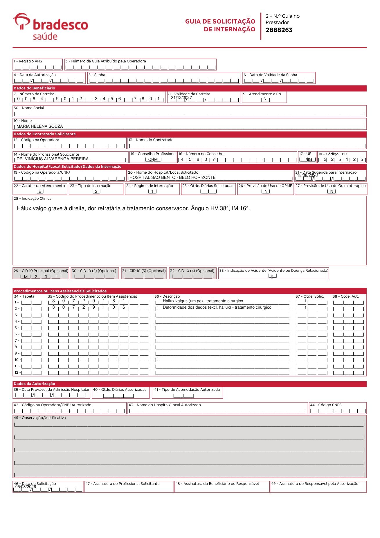 Guia nativa Bradesco Saúde preenchida