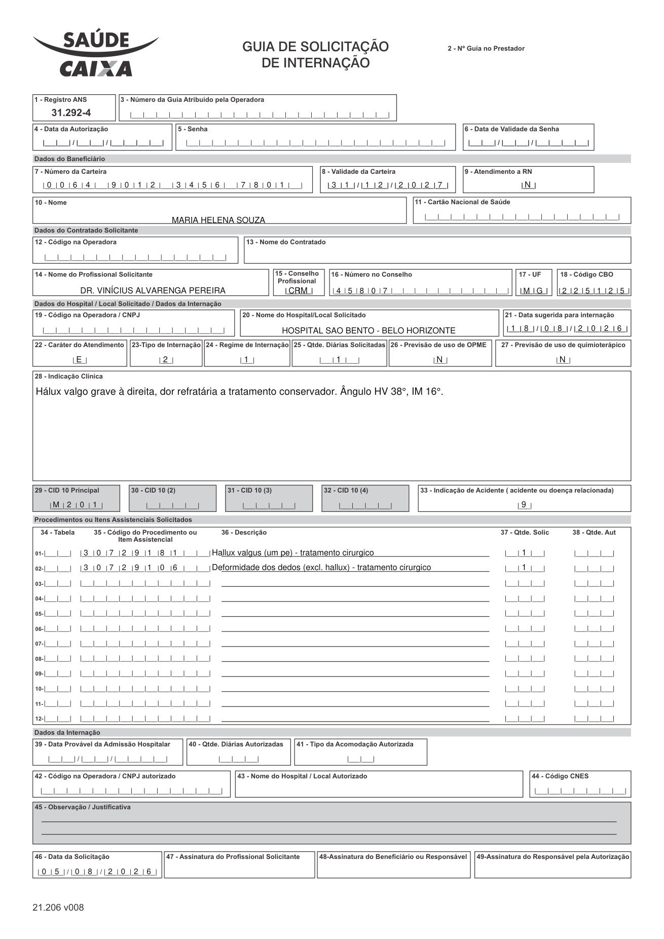 Guia nativa Saúde Caixa preenchida