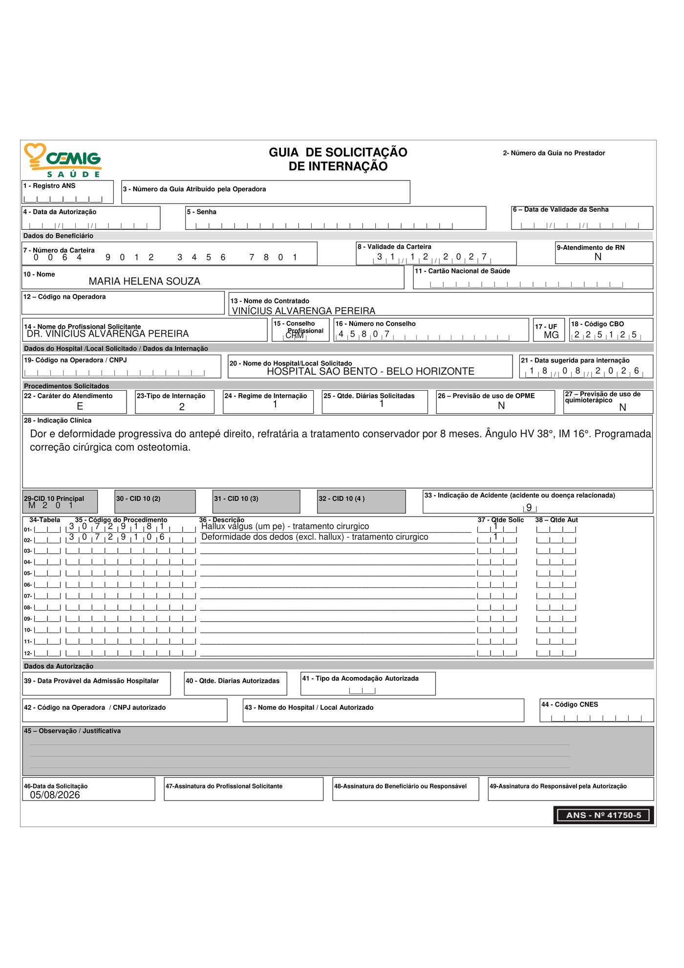 Guia nativa Cemig Saúde preenchida