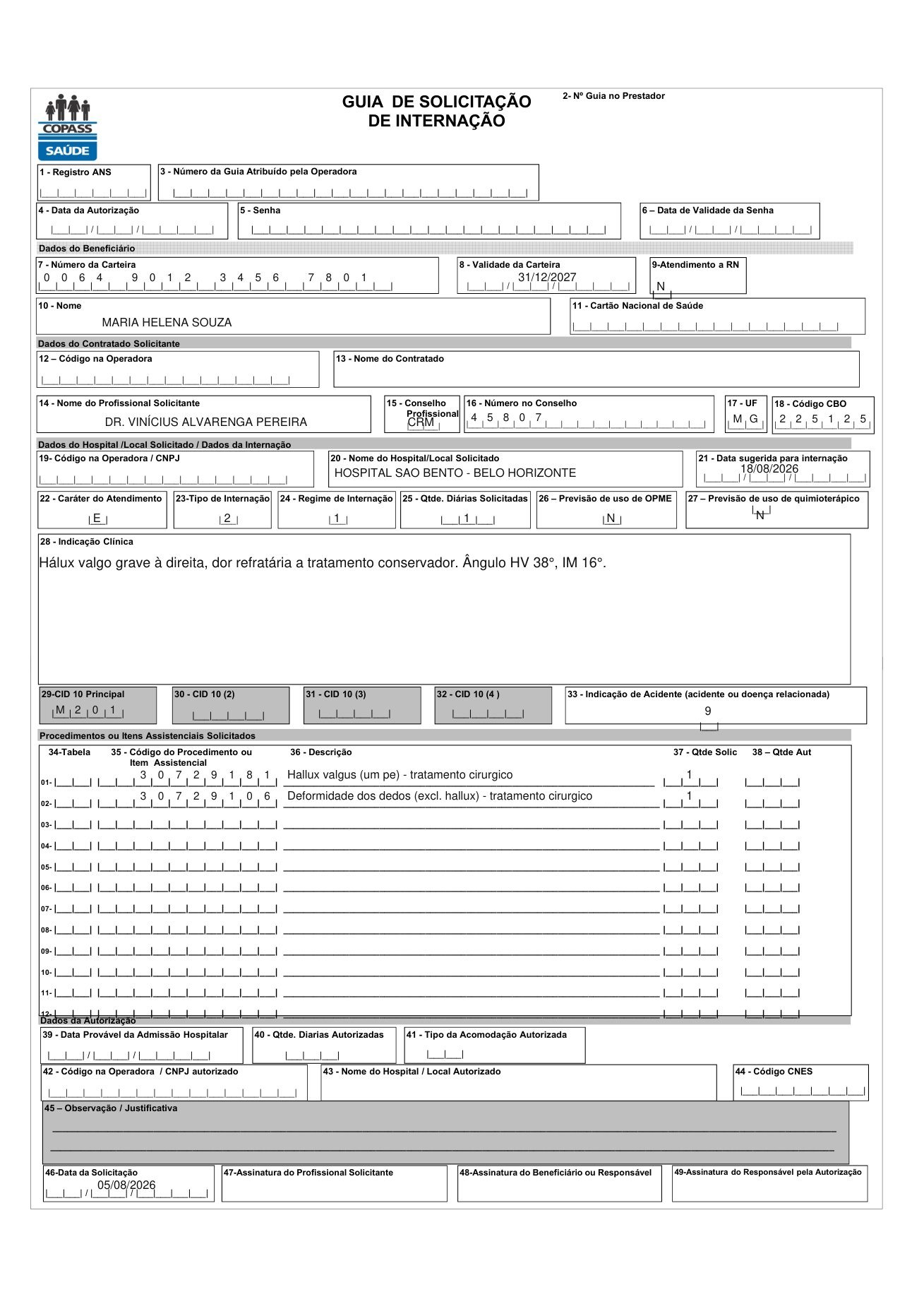 Guia nativa Copass Saúde preenchida