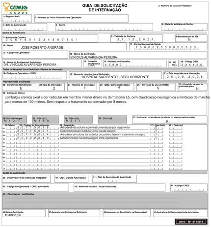 Guia de Cemig preenchida para espondilolistese l4-l5, 4 procedimentos.