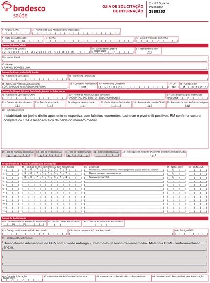 Guia de Bradesco preenchida para lca e menisco medial, 3 procedimentos.