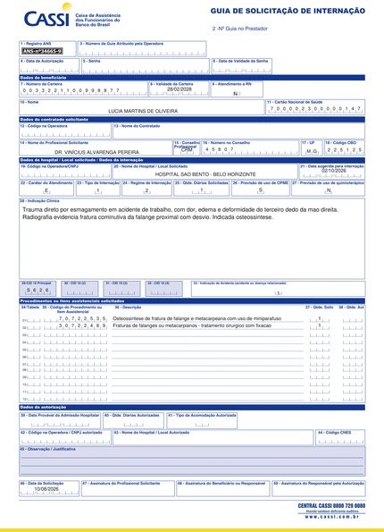 Guia de Cassi preenchida para fratura de falange, 2 procedimentos.