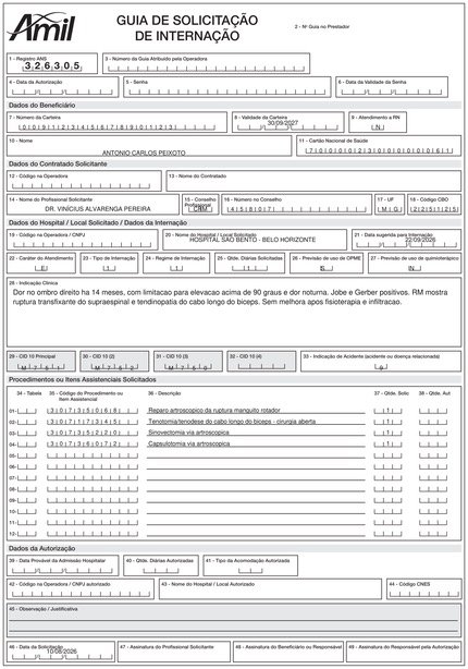 Guia de Amil preenchida para manguito rotador e bíceps, 4 procedimentos.