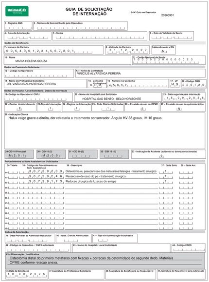 Guia de solicitação de internação da Unimed preenchida pelo EasyGuia, com carteira, dados do paciente, CID, indicação clínica e códigos TUSS.