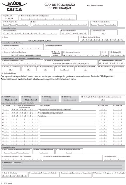 Guia de Saúde Caixa preenchida para impacto femoroacetabular, 3 procedimentos.