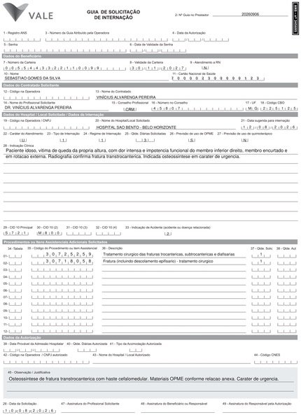 Guia de Vale preenchida para fratura transtrocantérica, 2 procedimentos.