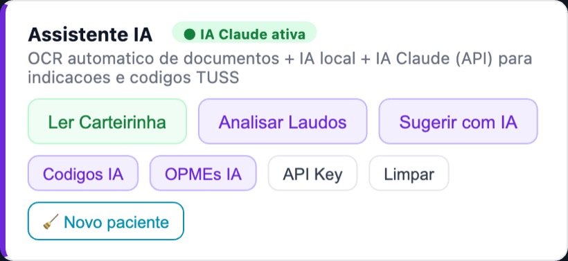 Barra do assistente de IA com os botões Ler Carteirinha, Analisar Laudos, Sugerir com IA, Códigos IA e OPMEs IA.