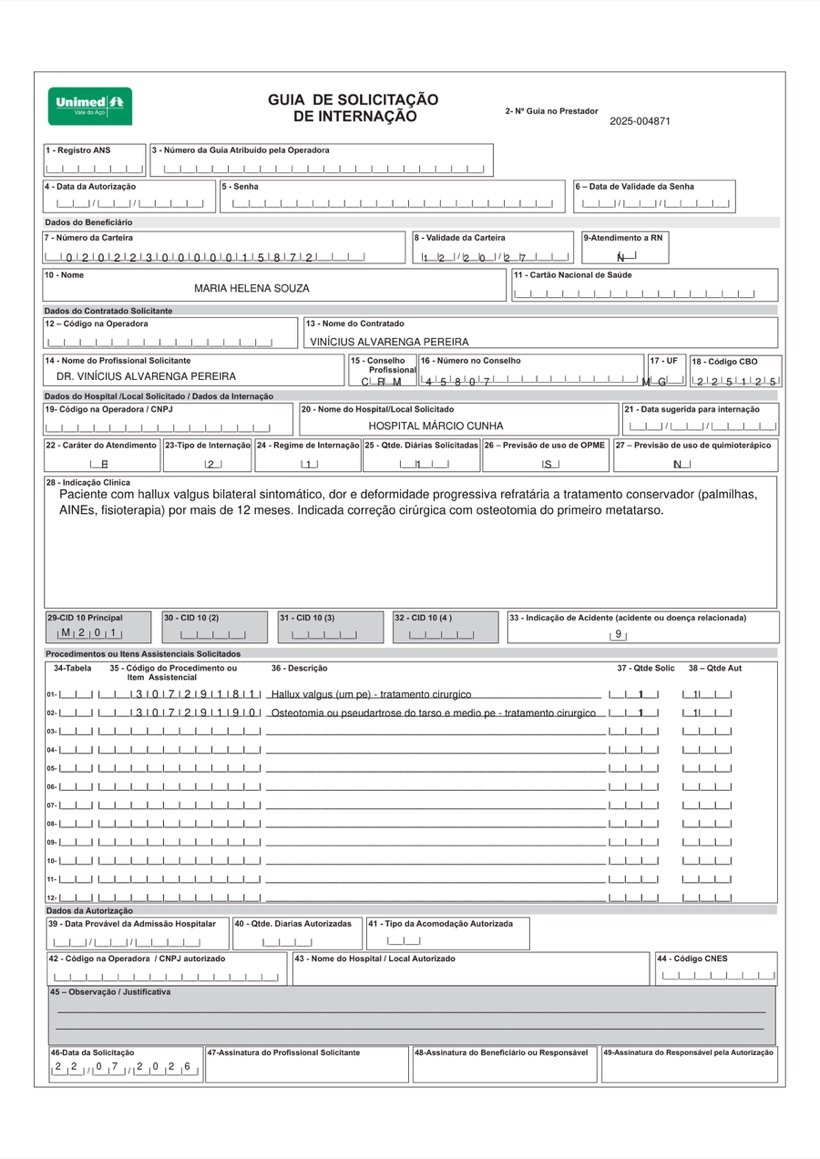 Guia oficial da Unimed preenchida campo a campo, com carteira em grade, CID, indicação clínica e tabela de procedimentos.